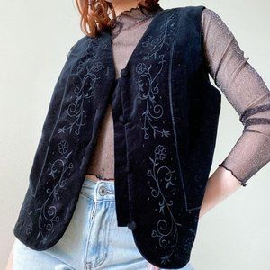 SOLD Black Velvet Heart Floral Sleeveless Vest